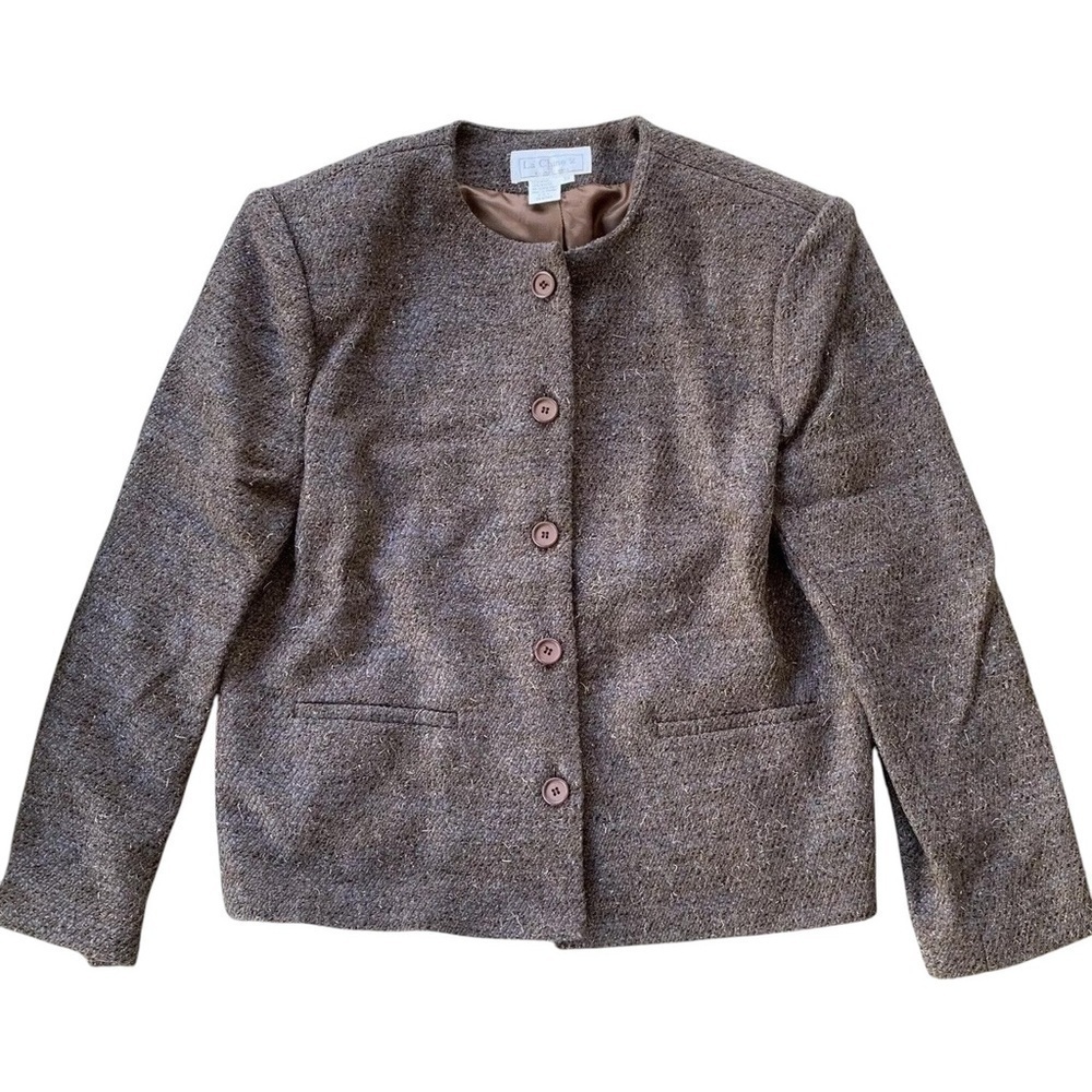 Vtg Galinda Wang La Chine Wool Collarless Buttoned Blazer Jacket Brown Size 10
